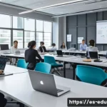 평생교육사와 재직자 교육 프로그램 기획 - A modern corporate training room with a diverse group of professional employees actively engaged in ...