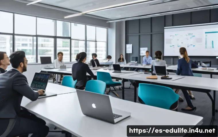 평생교육사와 재직자 교육 프로그램 기획 - A modern corporate training room with a diverse group of professional employees actively engaged in ...