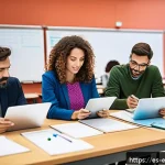 평생교육사와 리더십 개발 - A modern classroom scene in Spain with a diverse group of adult educators actively engaging with dig...